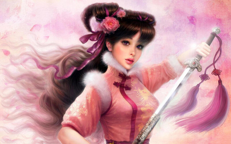 Woman Holding a Sword — Pink, Dramatic, Digital Art, Flower, Tassel