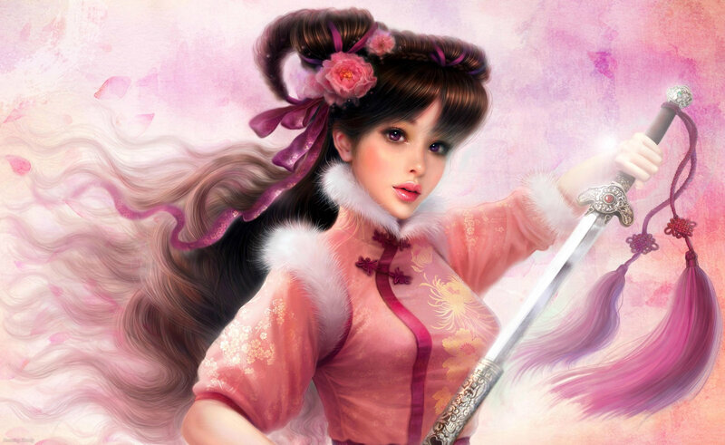 Woman Holding a Sword — Pink, Dramatic, Digital Art, Flower