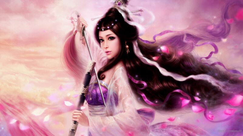 Woman Holding a Sword — Pink, Dramatic, Digital Art, Hair Ribbons