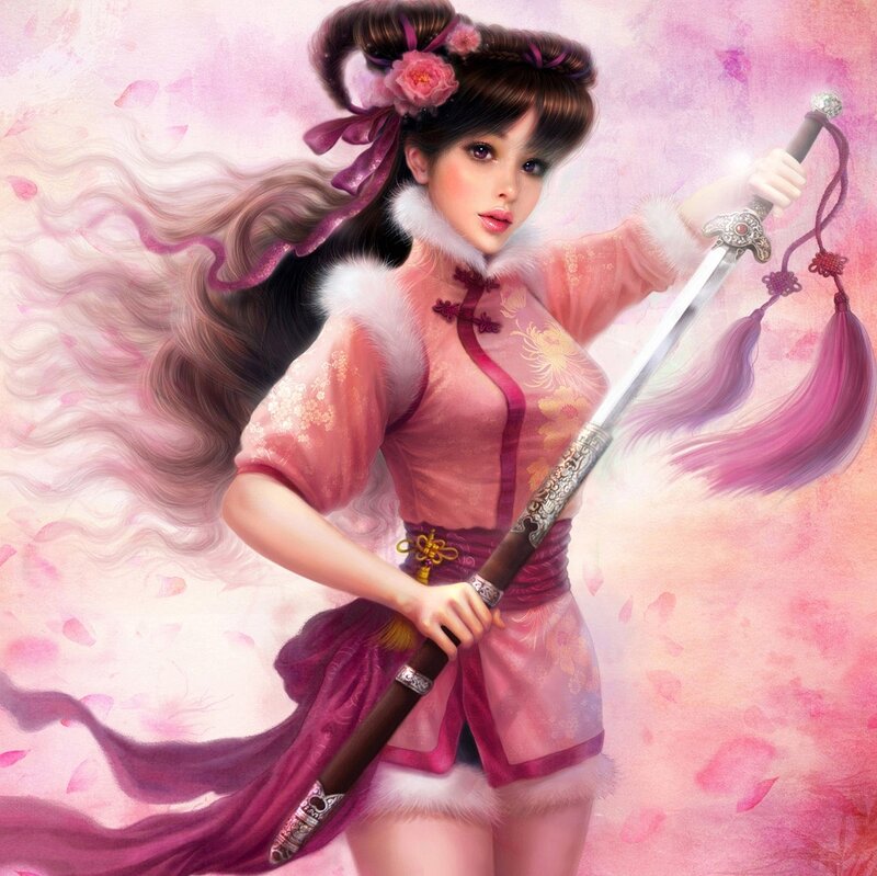 Woman Holding a Sword — Pink, Dramatic, Digital Art