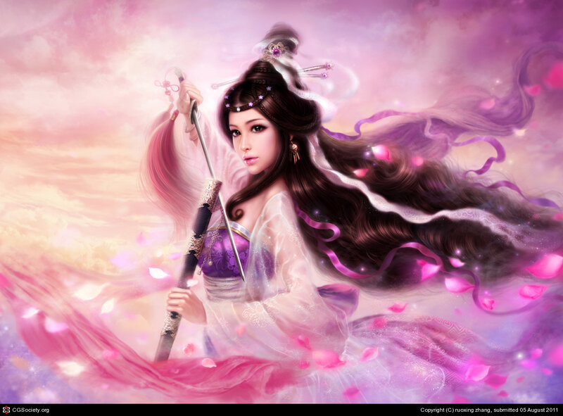 Woman Holding a Sword — Pink, Dramatic, Sunset, Digital Art