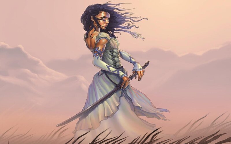 Woman Holding a Sword — Pink, Dramatic, Sunset