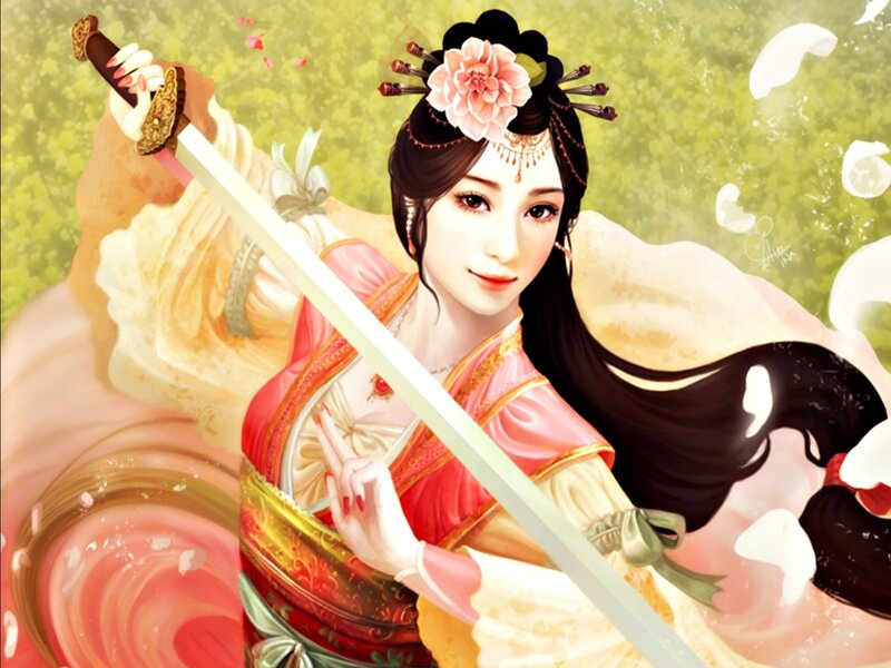 Woman Holding a Sword — Pink, Serene, Spring, Digital Art, Flower