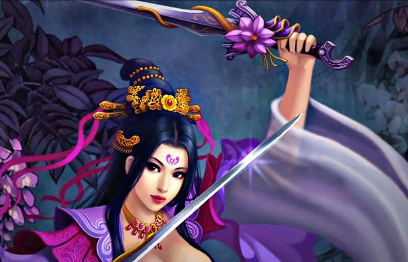 Woman Holding a Sword — Purple, Dramatic, Digital Art, Flower