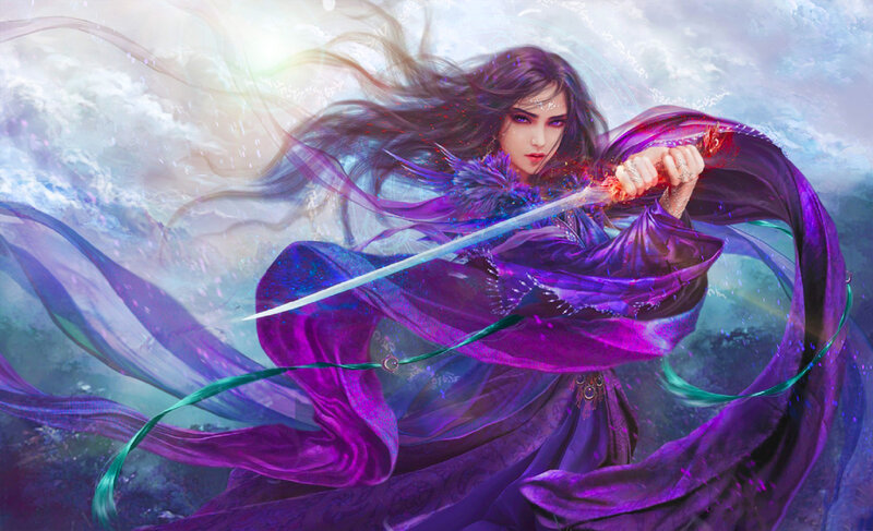 Woman Holding a Sword — Purple, Dramatic, Digital Art, Flowing Hair