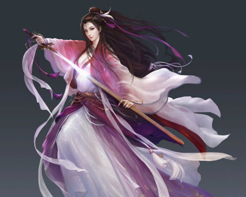 Woman Holding a Sword — Purple, Dramatic, Digital Art, Flowing Robes