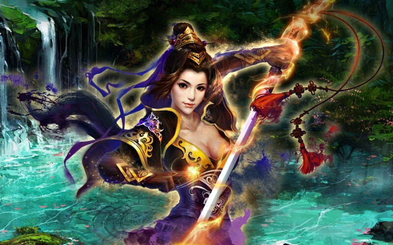 Woman Holding a Sword — Purple, Dramatic, Digital Art, Forest