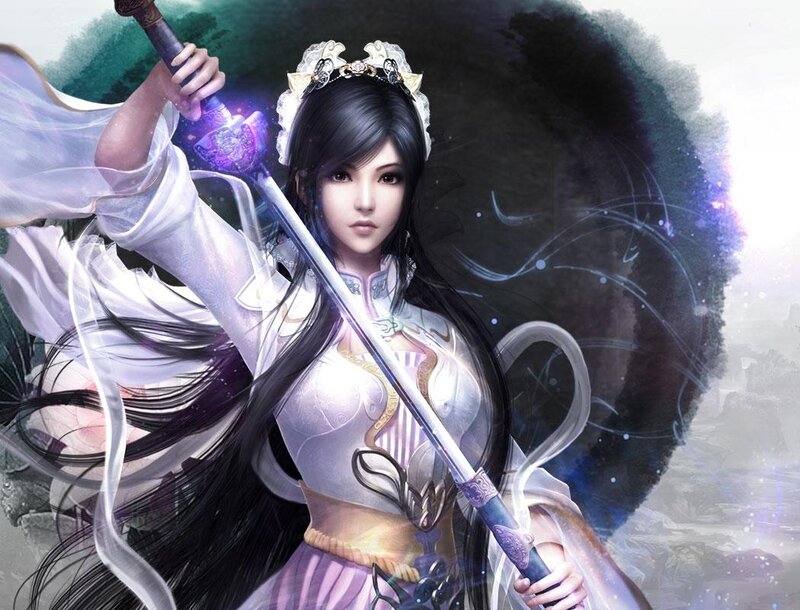Woman Holding a Sword — Purple, Dramatic, Digital Art
