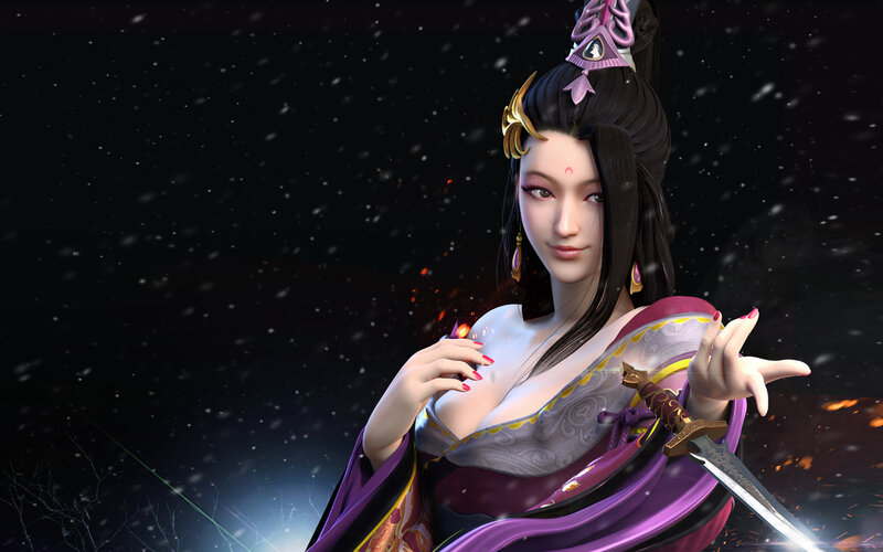 Woman Holding a Sword — Purple, Dramatic, Night, 3d Render