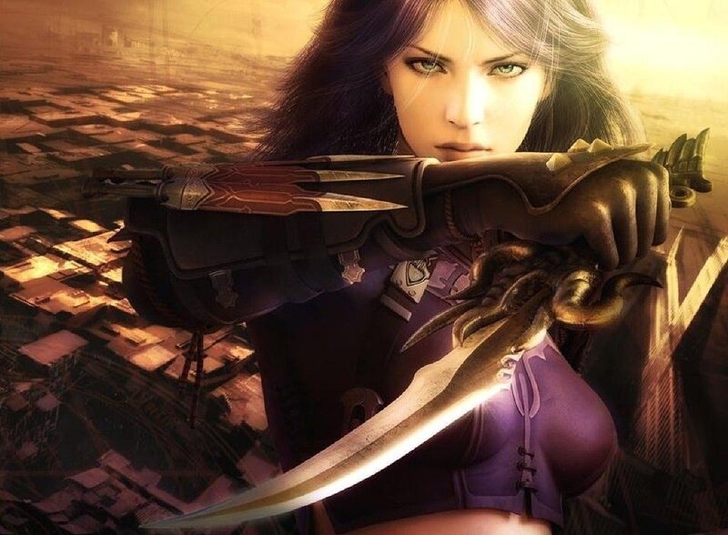 Woman Holding a Sword — Purple, Dramatic, Sunset, Digital Art, Cityscape