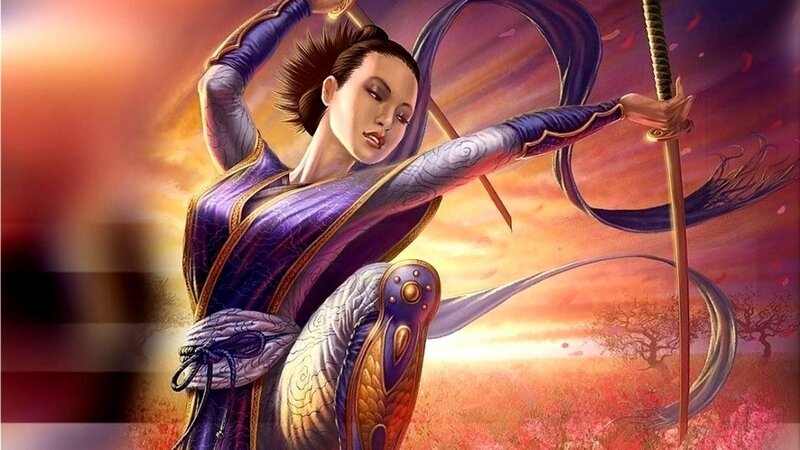 Woman Holding a Sword — Purple, Dramatic, Sunset, Digital Art