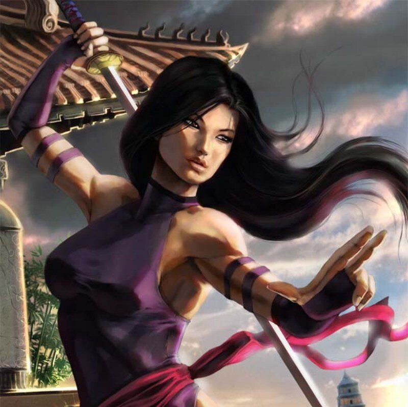 Woman Holding a Sword — Purple, Dramatic, Sunset