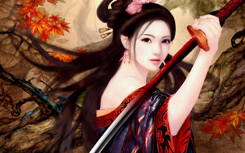 Woman Holding a Sword — Red, Dramatic, Autumn, Digital Art