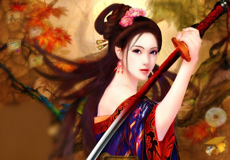 Woman Holding a Sword — Red, Dramatic, Autumn
