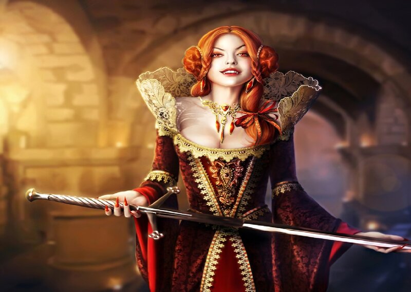 Woman Holding a Sword — Red, Dramatic, Digital Art, Castle