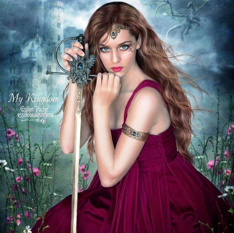 Woman Holding a Sword — Red, Dramatic, Digital Art, Dragon
