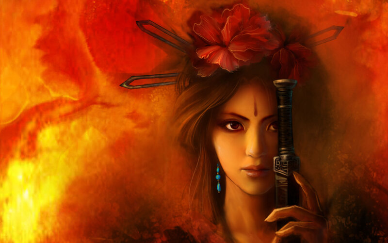 Woman Holding a Sword — Red, Dramatic, Digital Art, Flower