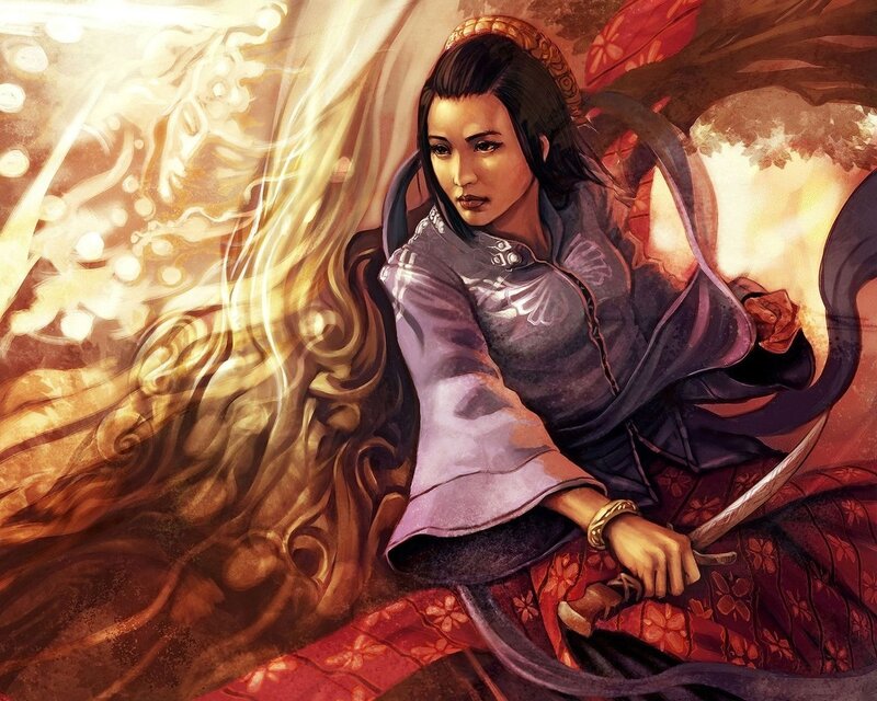 Woman Holding a Sword — Red, Dramatic, Digital Art, Flowing Fabric
