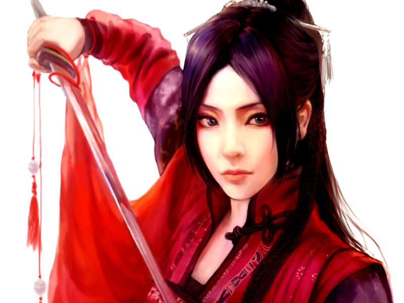 Woman Holding a Sword — Red, Dramatic, Digital Art, Tassel