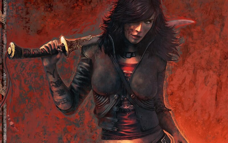 Woman Holding a Sword — Red, Dramatic, Digital Art