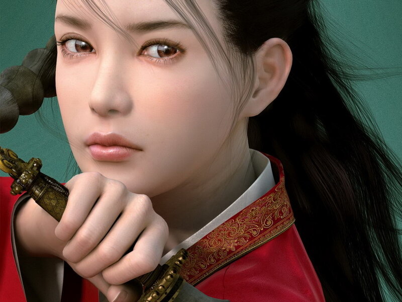 Woman Holding a Sword — Red, Serious