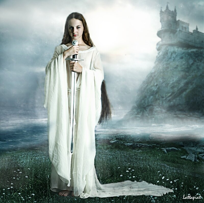 Woman Holding a Sword — White, Dramatic, Digital Art