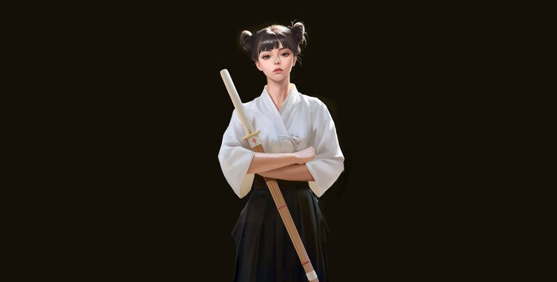 Woman Holding a Sword — White, Serious, Digital Art
