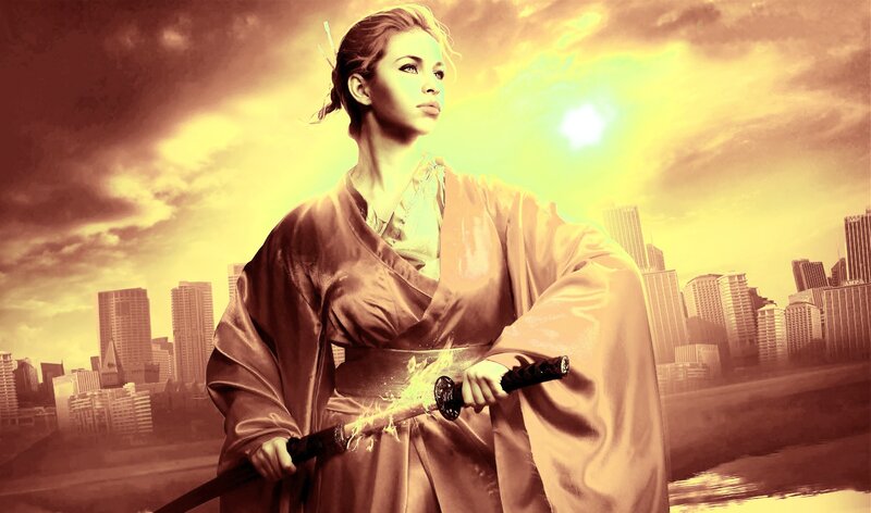 Woman Holding a Sword — Yellow, Dramatic, Sunset