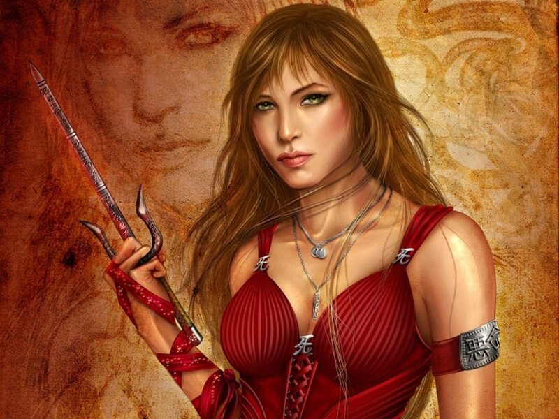 Woman Holding a Weapon — Red, Dramatic, Digital Art, Necklace