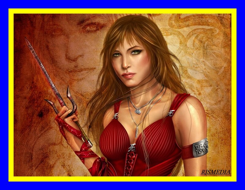 Woman Holding a Weapon — Red, Dramatic, Digital Art