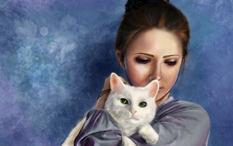 woman holding a white cat