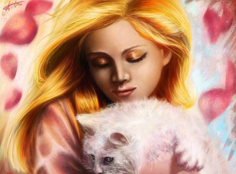 woman holding a white kitten