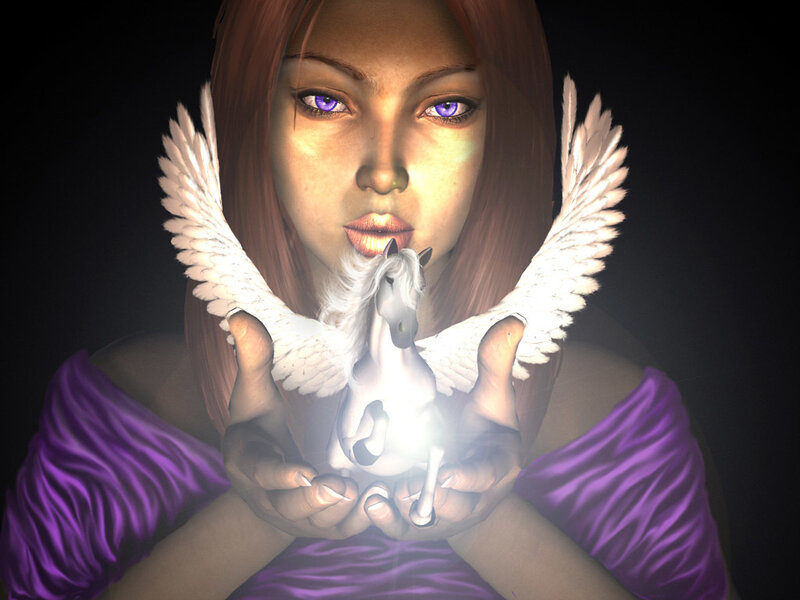 woman holding a winged horse