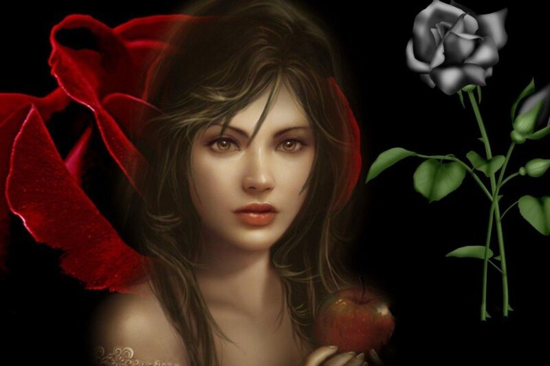 Woman Holding Apple — Black, Dramatic, Digital Art