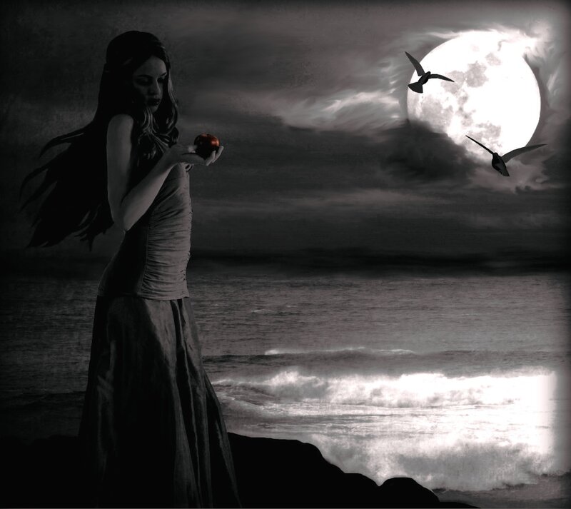 Woman Holding Apple — Black, Dramatic, Night