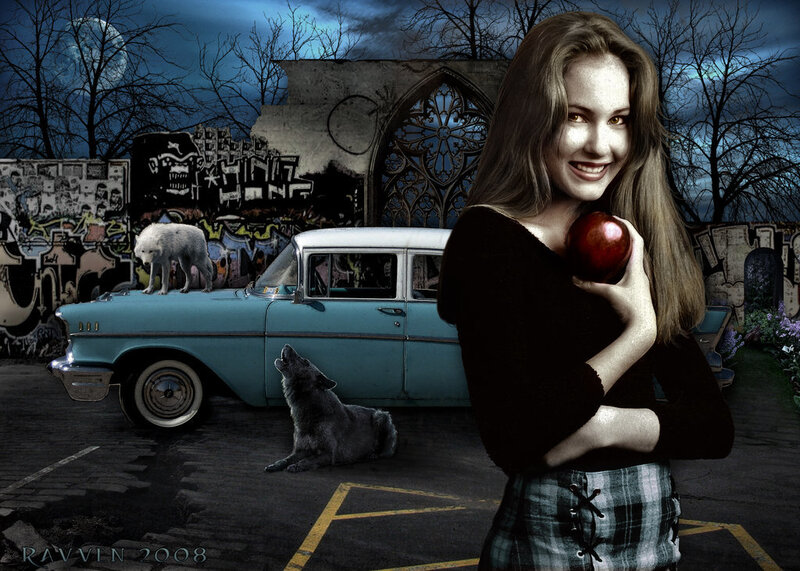 Woman Holding Apple — Blue, Dramatic