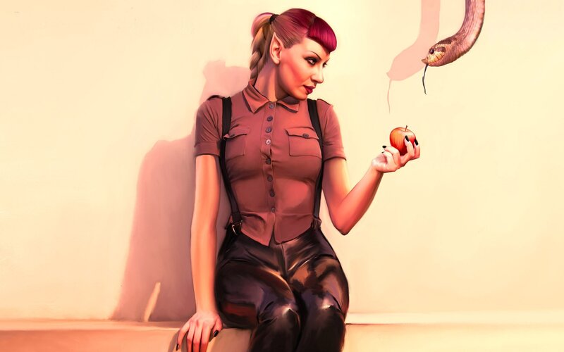 Woman Holding Apple — Brown, Dramatic
