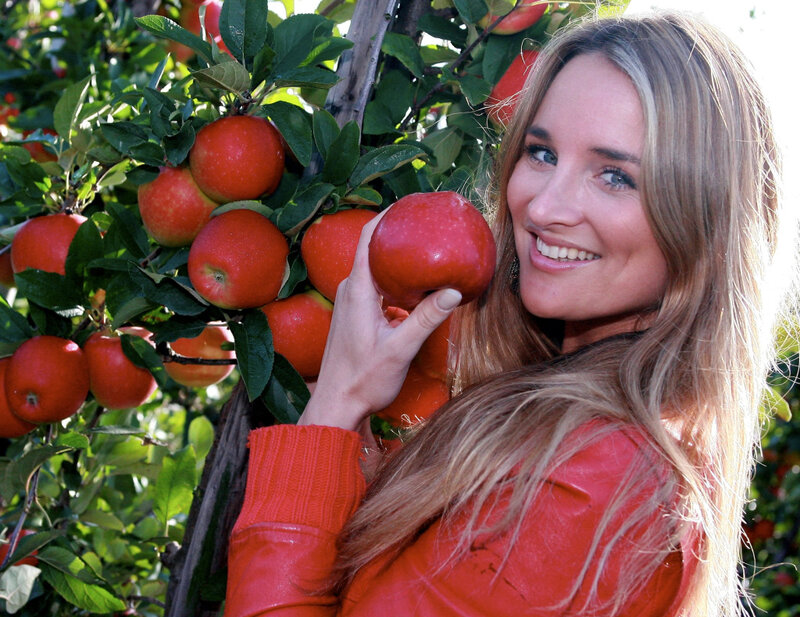Woman Holding Apple — Red, Happy