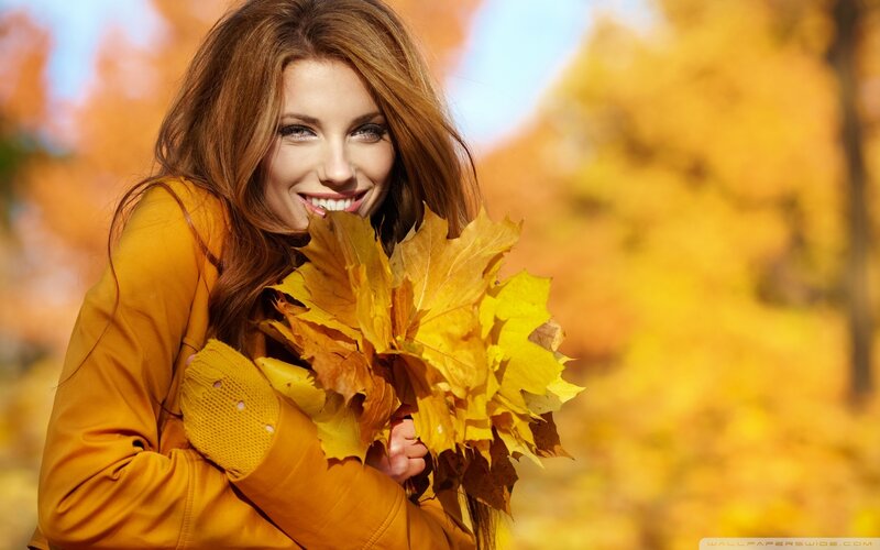 Woman Holding Autumn Leaves — Yellow, Cheerful