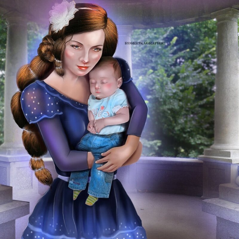 Woman Holding Baby — Blue, Serene, Afternoon, Digital Art