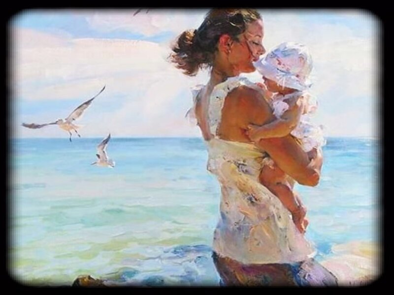 Woman Holding Baby — Blue, Serene, Afternoon, Painting