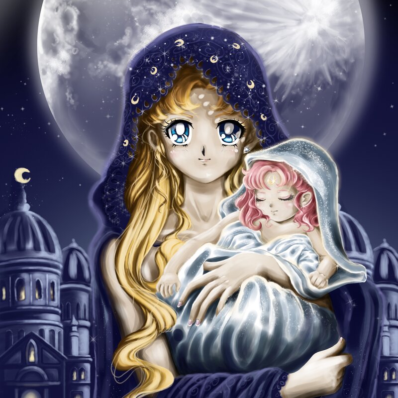 Woman Holding Baby — Blue, Serene, Night, Digital Art, Moon