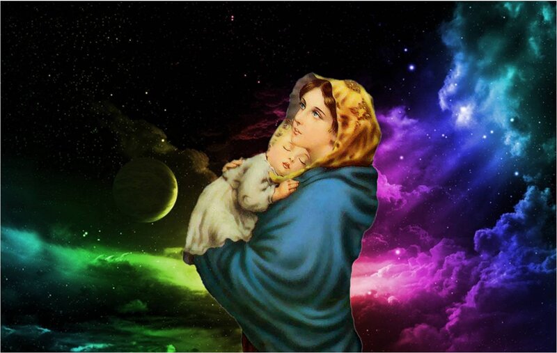 Woman Holding Baby — Blue, Serene, Night, Digital Art