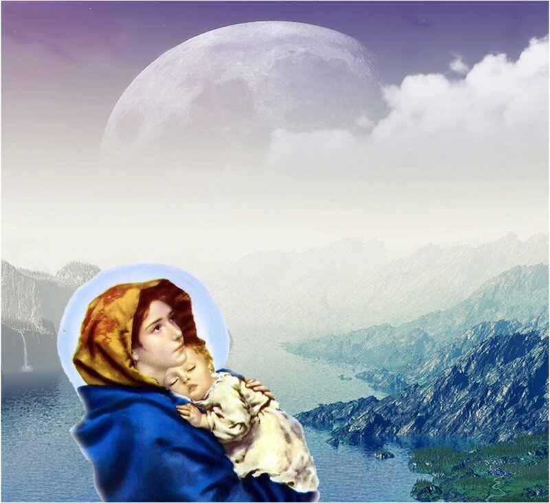Woman Holding Baby — Blue, Serene, Night, Illustration
