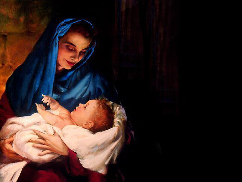Woman Holding Baby — Blue, Serene, Night, Painting