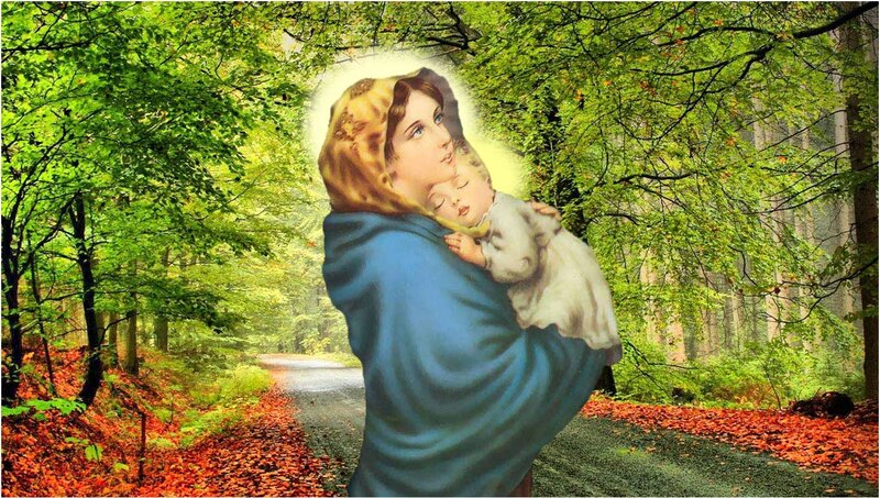 Woman Holding Baby — Green, Serene, Autumn, Illustration