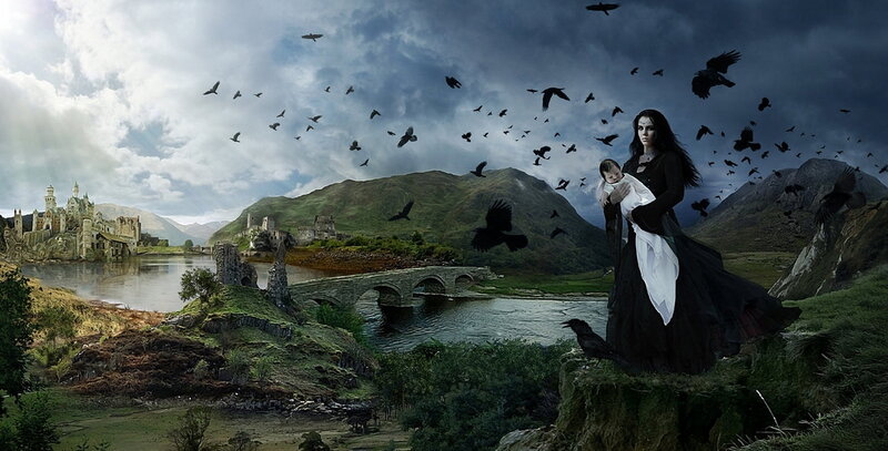 Woman Holding Baby on Cliff