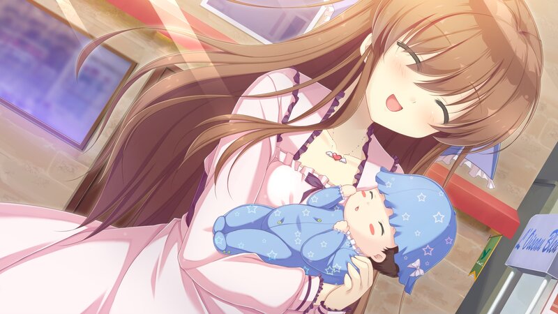 Woman Holding Baby — Pink, Calm, Afternoon, Anime