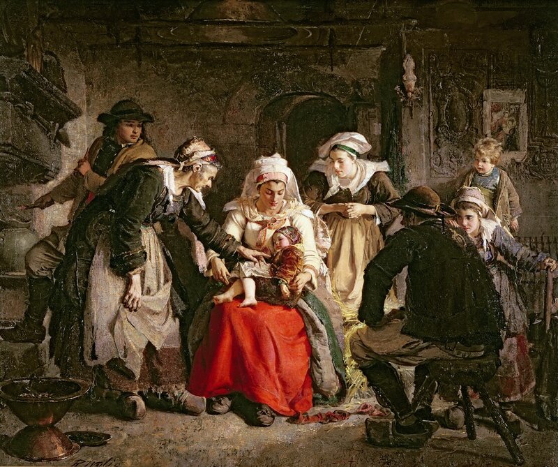 Woman Holding Baby — Red, Dramatic