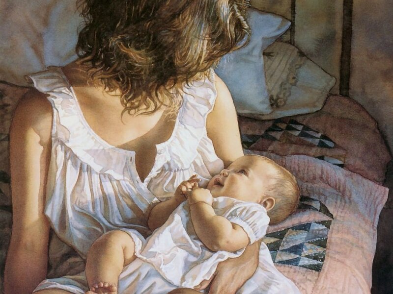 Woman Holding Baby — White, Serene, Afternoon